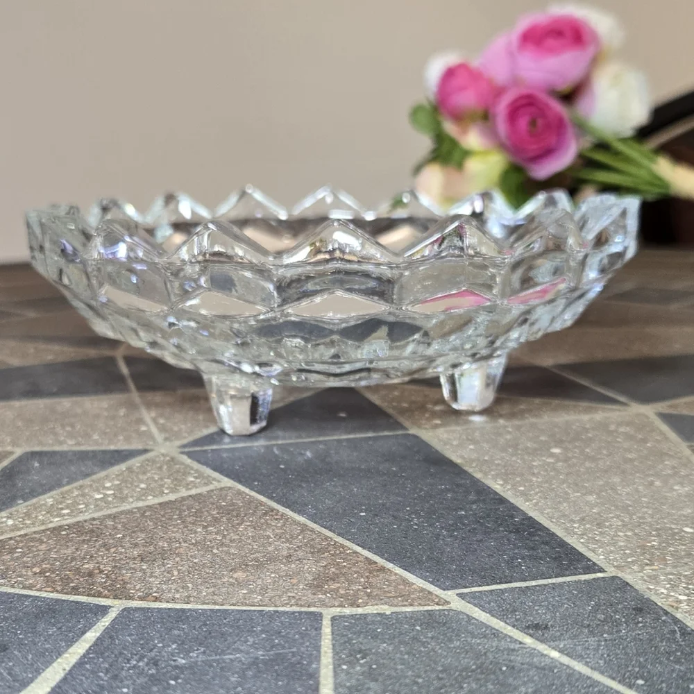 Clear Glass Cubist Tri-Footed Bowl